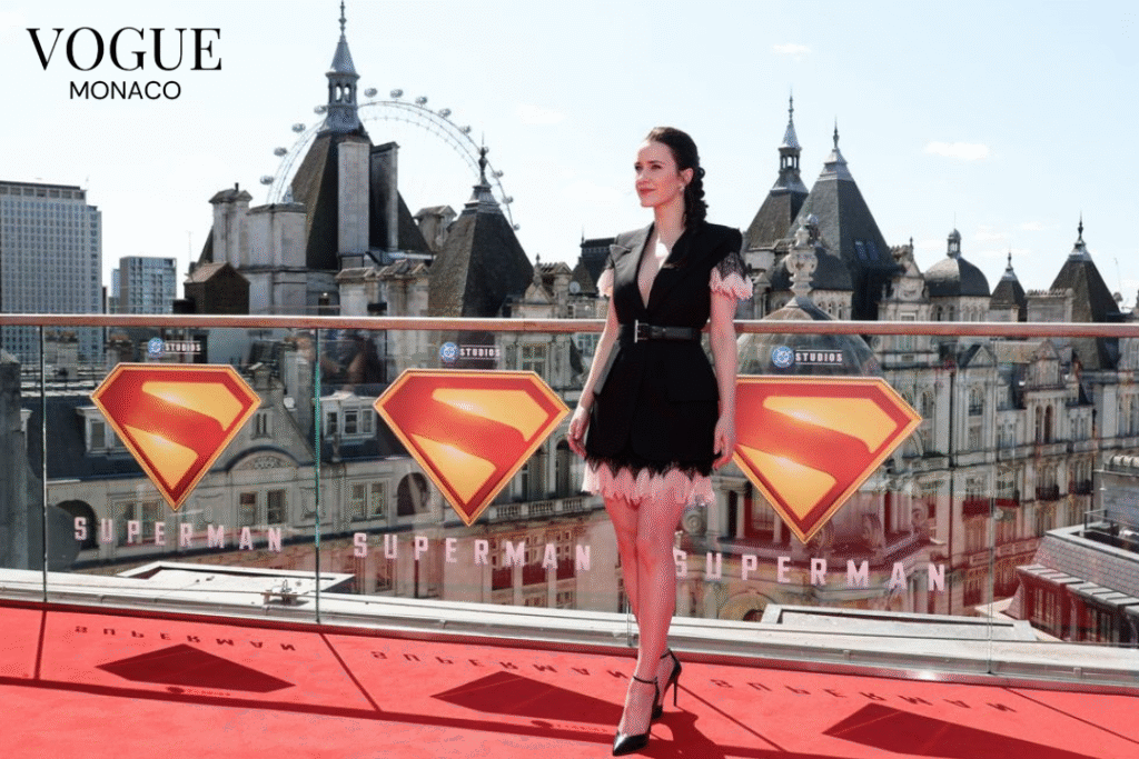 RACHEL BROSNAHAN GLITTERS IN WINE RED AT LONDON’S SUPERMAN PREMIERE